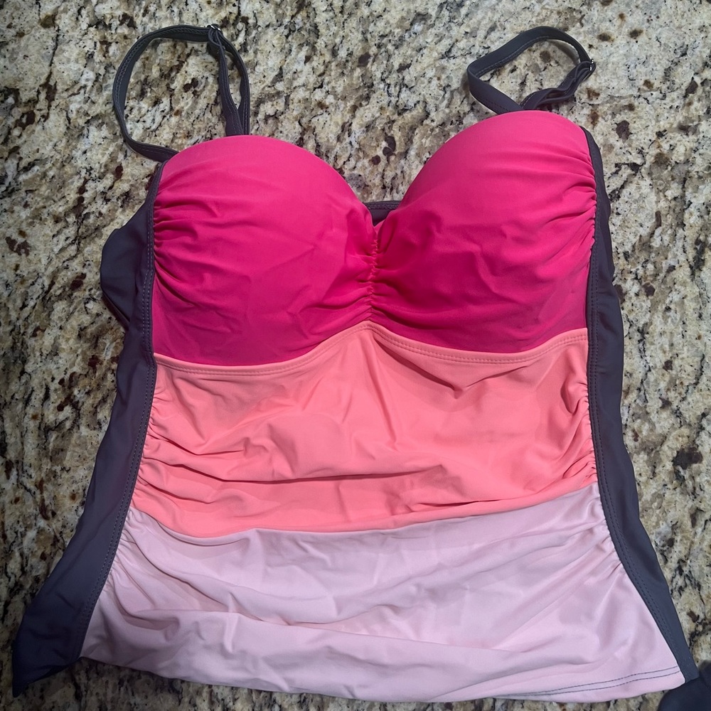 Never worn NWOT. Pink and Gray 2-piece Tankini with bottoms.